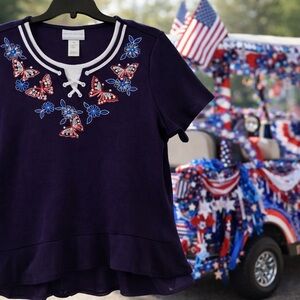 🇺🇸 Alfred Dunner Petite Patriotic Butterfly Rhinestone Top PM Navy